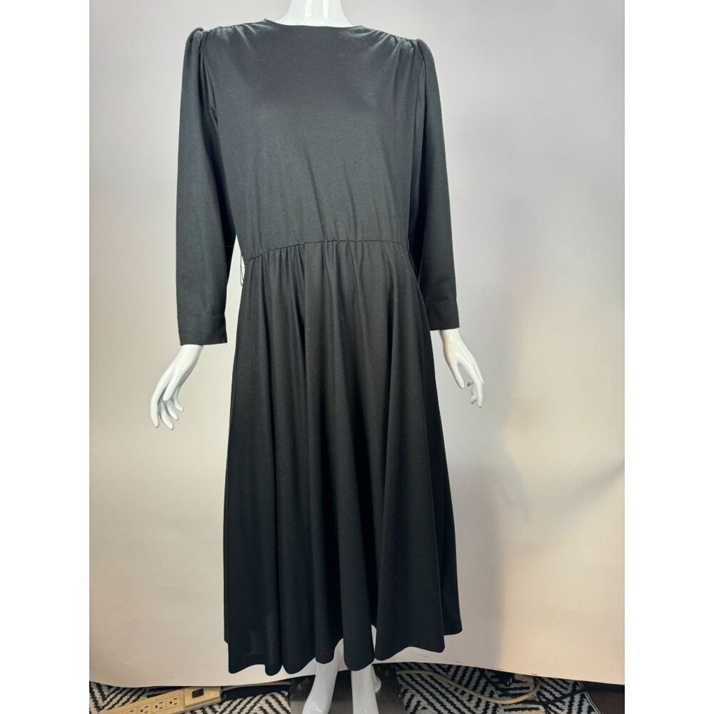 Vintage Sabino Black Long Sleeve Midi Dress With Pleated Shoulder Detail & Back